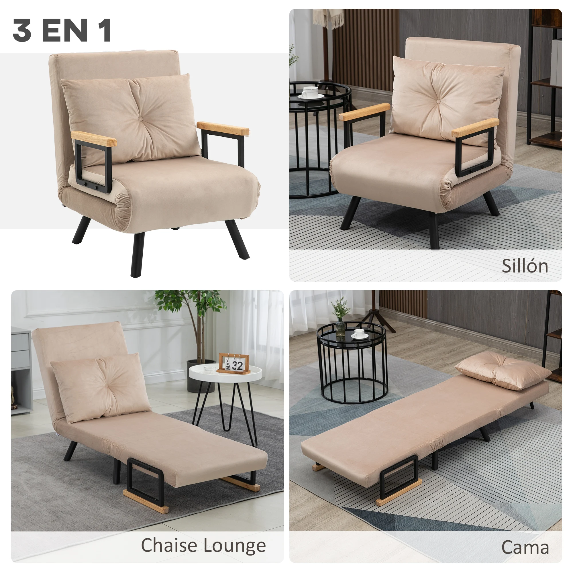 HOMCOM Sofá Cama Individual Plegable Silla Cama Convertible 3 en 1 con Respaldo Ajustable de 5 Niveles y Almohada Acolchada para Oficina Dormitorio Salón Carga 120 kg 63x73x81 cm - imagen 4