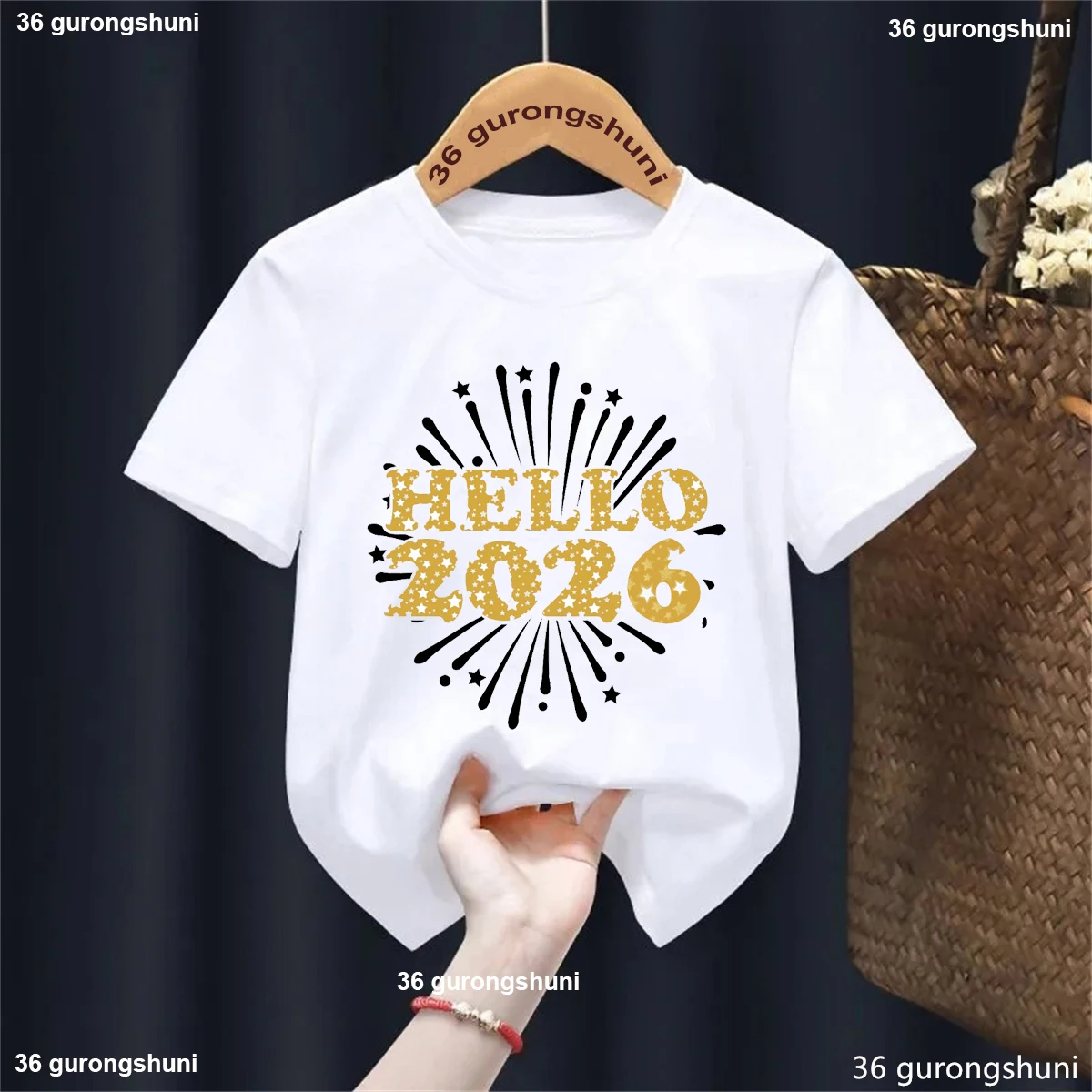 Camiseta con estampado de Feliz Año Nuevo de Hello 2026, trajes para niños y niñas, ropa para fiesta de vacaciones de invierno, camisetas de manga corta para niños - imagen 4