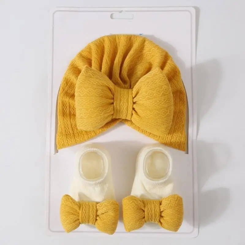 D7YD Conjunto calcetines y gorro para recién nacido, gorro con lazo, conjunto calcetines, gorro tejido para bebé con - imagen 4