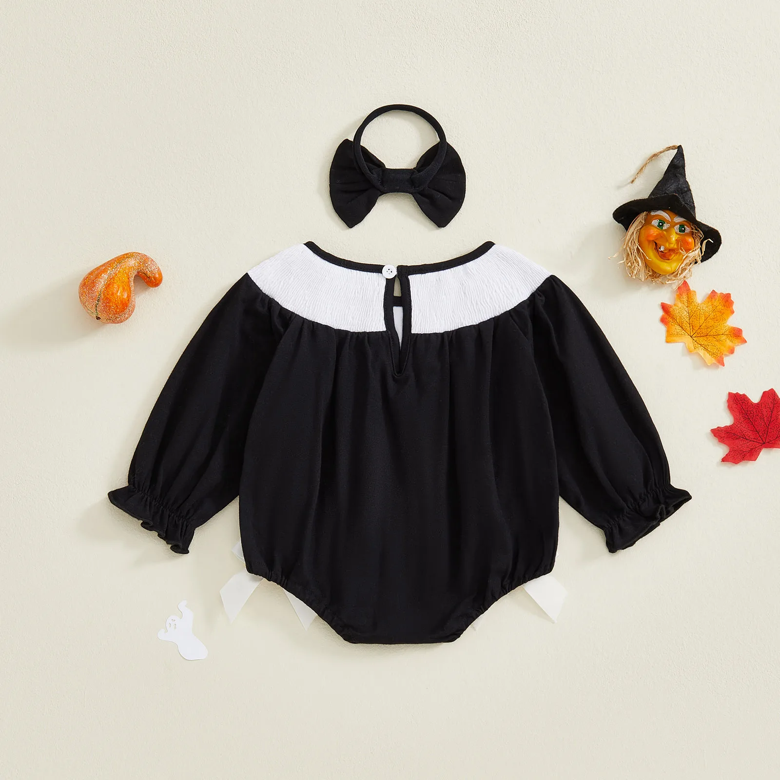 Conjunto de otoño de 2 piezas para niña de 0 a 18 meses, traje de Halloween con letras fantasma, mameluco de manga larga y diadema con lazo - imagen 2