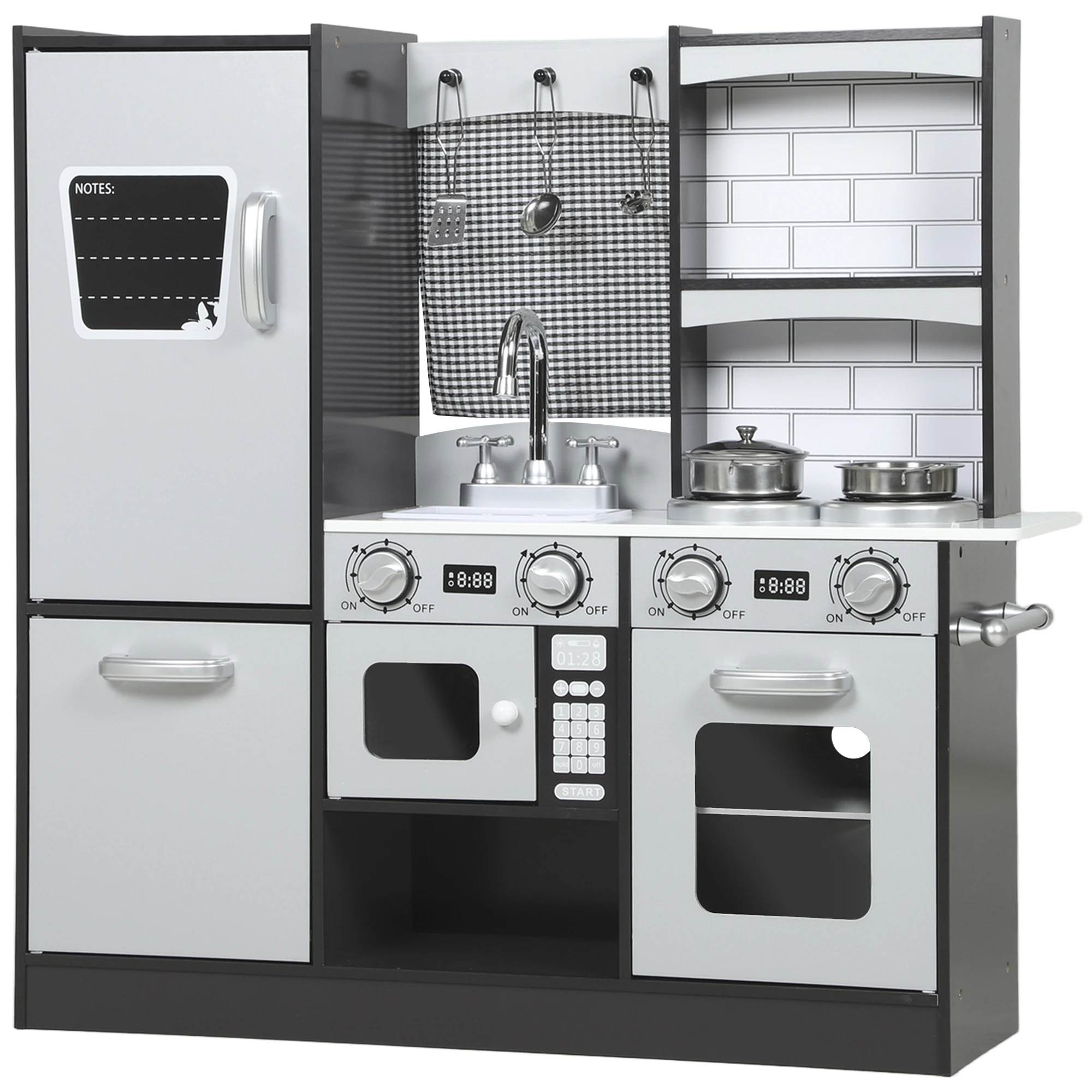 AIYAPLAY Cocina de Juguete de Madera con Sonido, Cocinita Infantil con Accesorios de Acero Inoxidable, Nevera, Microondas, Fregadero, 81x27x79,7 cm, Marrón Oscuro