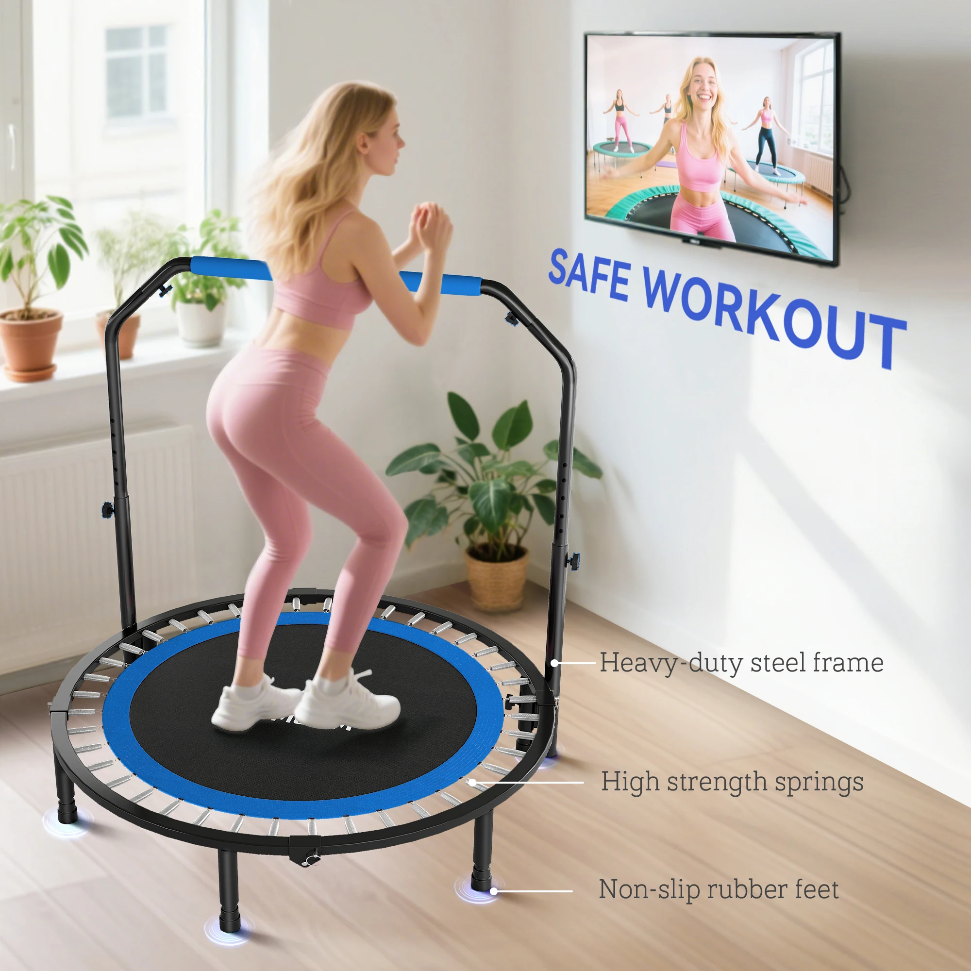 HOMCOM Trampolín de Fitness Adultos Ø122 cm, Cama Elástica Plegable con Mango Ajustable de 4 Niveles, Marco de Acero, para Entrenamiento Piernas, Cuerpo en Hogar, Oficina, Gimnasio, Negro y Azul - imagen 2
