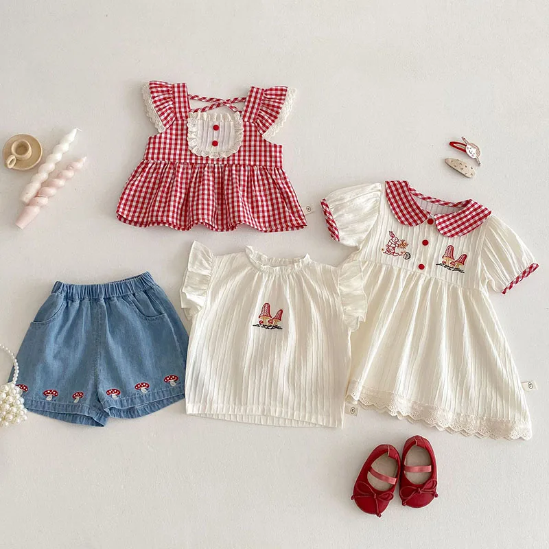 Vestido de setas de conejito de estilo fino dulce para niños 0-5T niñas lindo patrón de cuadros de encaje Tops camisa para niños - imagen 3