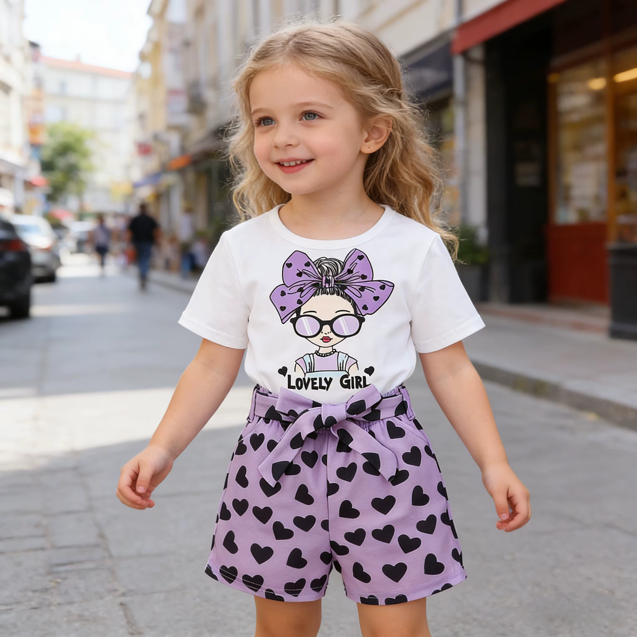 Conjunto verano niña: camiseta manga corta y shorts morados