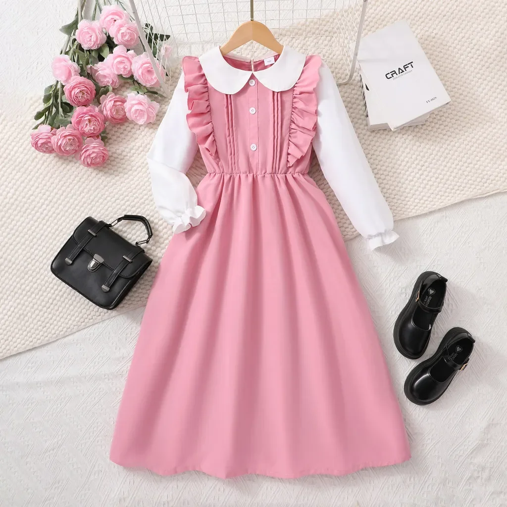 Vestido rosa para niñas, vestidos escolares de manga larga para verano y otoño, vestido de fiesta de cumpleaños a la moda para chicas adolescentes de 7 8 9 10 11 12 años