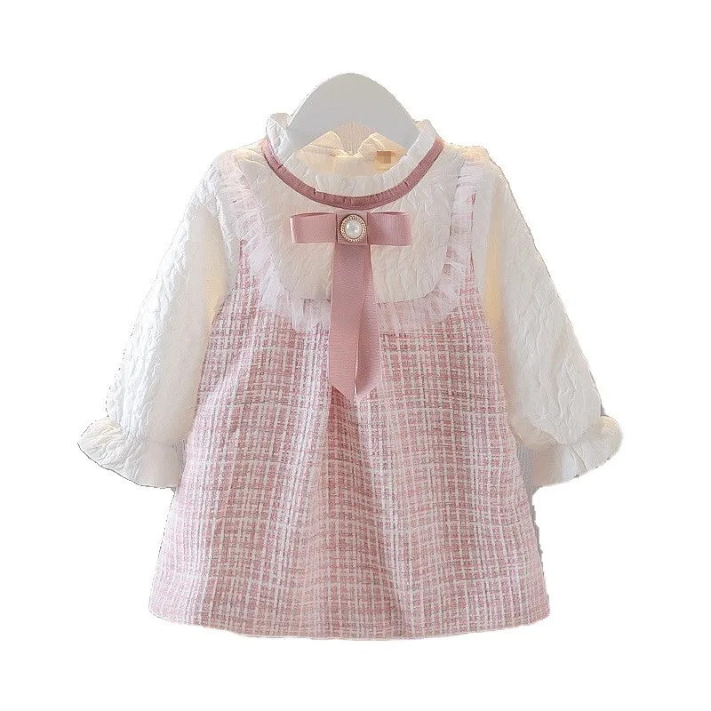 Bonito vestido azul para niños, nuevo diseño, falda informal a cuadros de 0 a 3 años, ropa de primavera y otoño, falda rosa de manga larga para niñas - imagen 3