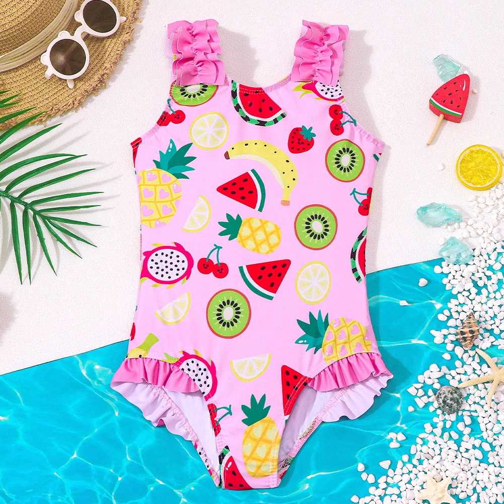 Bañador una pieza niña estampado de frutas con volantes para surf