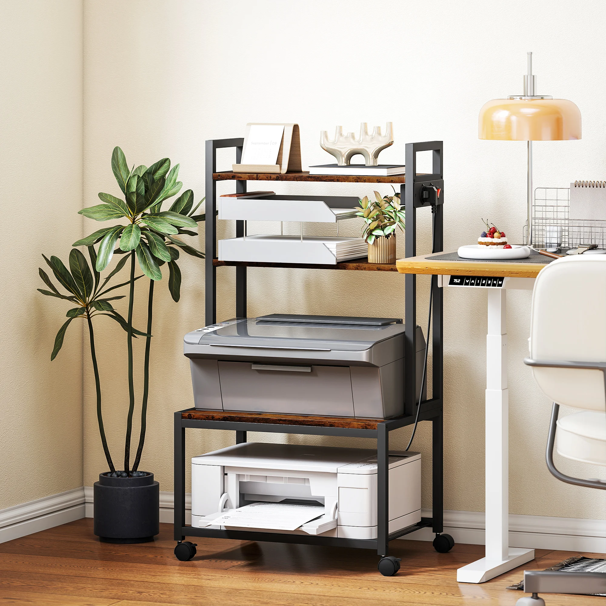 HOMCOM Soporte para Impresora con Estación de Carga Mueble para Impresora de 4 Niveles con Ruedas y Marco Metálico para Oficina Casa Escuela Marrón Rústico