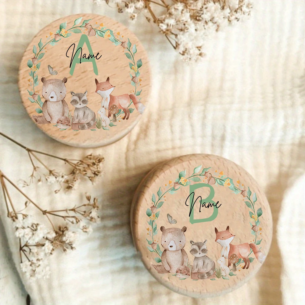Caja de dientes de animales salvajes personalizada, nombre personalizado, recuerdo de dientes, cordón Umbilical, pelo rizado, caja de colección de madera para niños, regalos para niños
