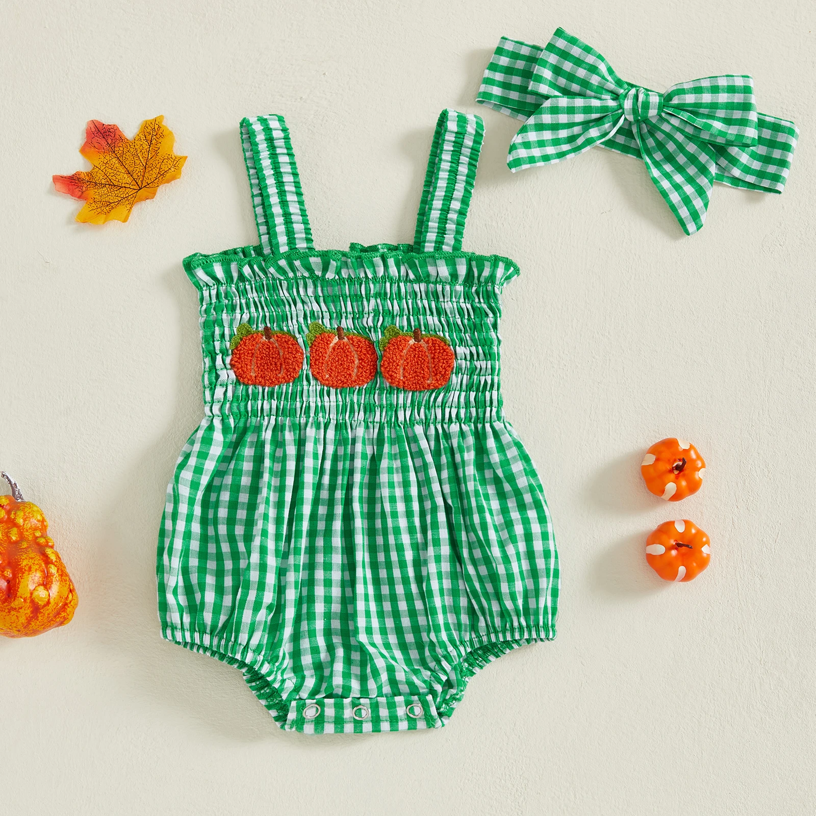 VISgogo Traje de Halloween para niña de 0 a 18 meses, a cuadros, con bordado de calabaza, sin mangas, mameluco general ahumado, diadema, conjunto de 2 piezas