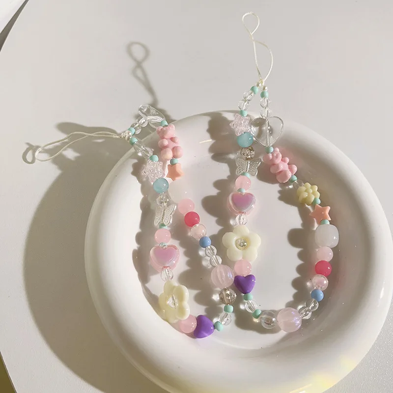 Cordón de teléfono de oso y flor 3D bonito de Corea para iPhone 15, correa Samsung, colgante de cadena para niña, joyería de cuerda de caramelo, llavero colgante - imagen 3