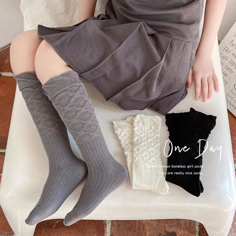Calcetines hasta la rodilla de algodón peinado para niños, calcetines holgados Vintage con puños de burbujas para niñas, calcetines a media pantorrilla de estilo japonés sin costuras para primavera y otoño - imagen 3