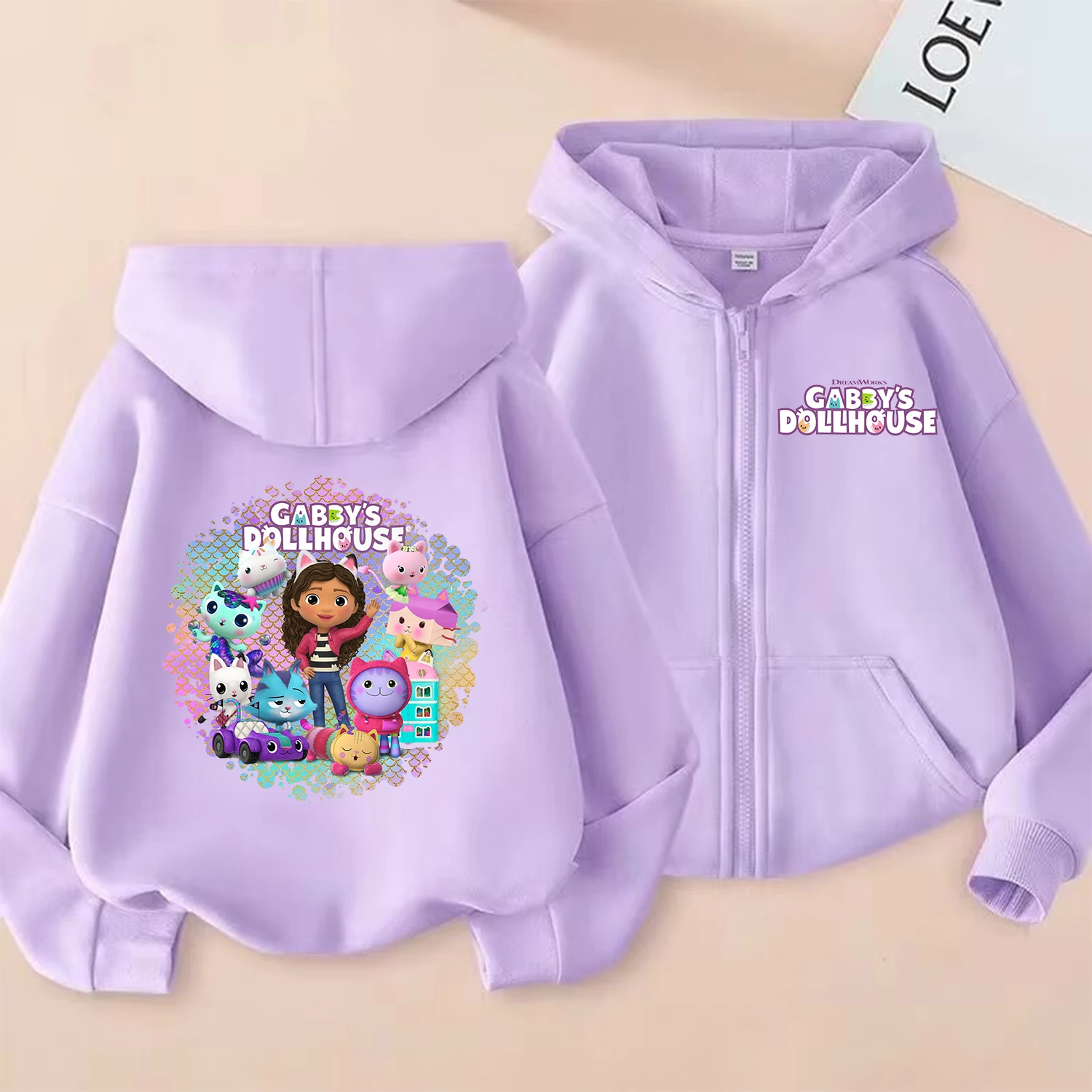 Gabby Dollhouse Sudadera con capucha y cremallera para niñas, abrigo de dibujos animados, ropa de Anime a la moda, chaqueta con capucha de otoño púrpura, sudadera Kawaii para niños, regalo - imagen 4