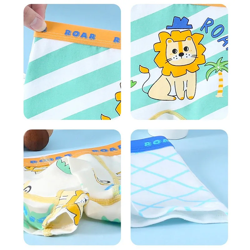 Calzoncillos Boxer de algodón de 4 piezas para niños, ropa interior cómoda para niños, bragas transpirables, Boxers con estampado de dibujos animados de León fresco para niños - imagen 4