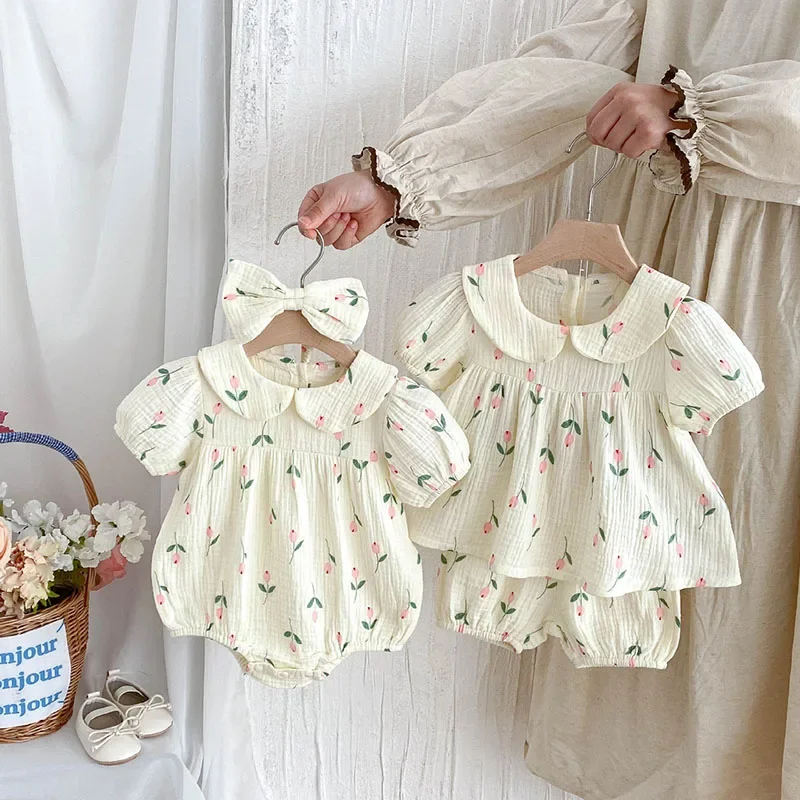 Body de tulipán infantil de lino y algodón con banda para el pelo, conjunto de camisa y pantalones cortos cómodos florales para niñas recién nacidas, novedad de verano 2026 - imagen 3