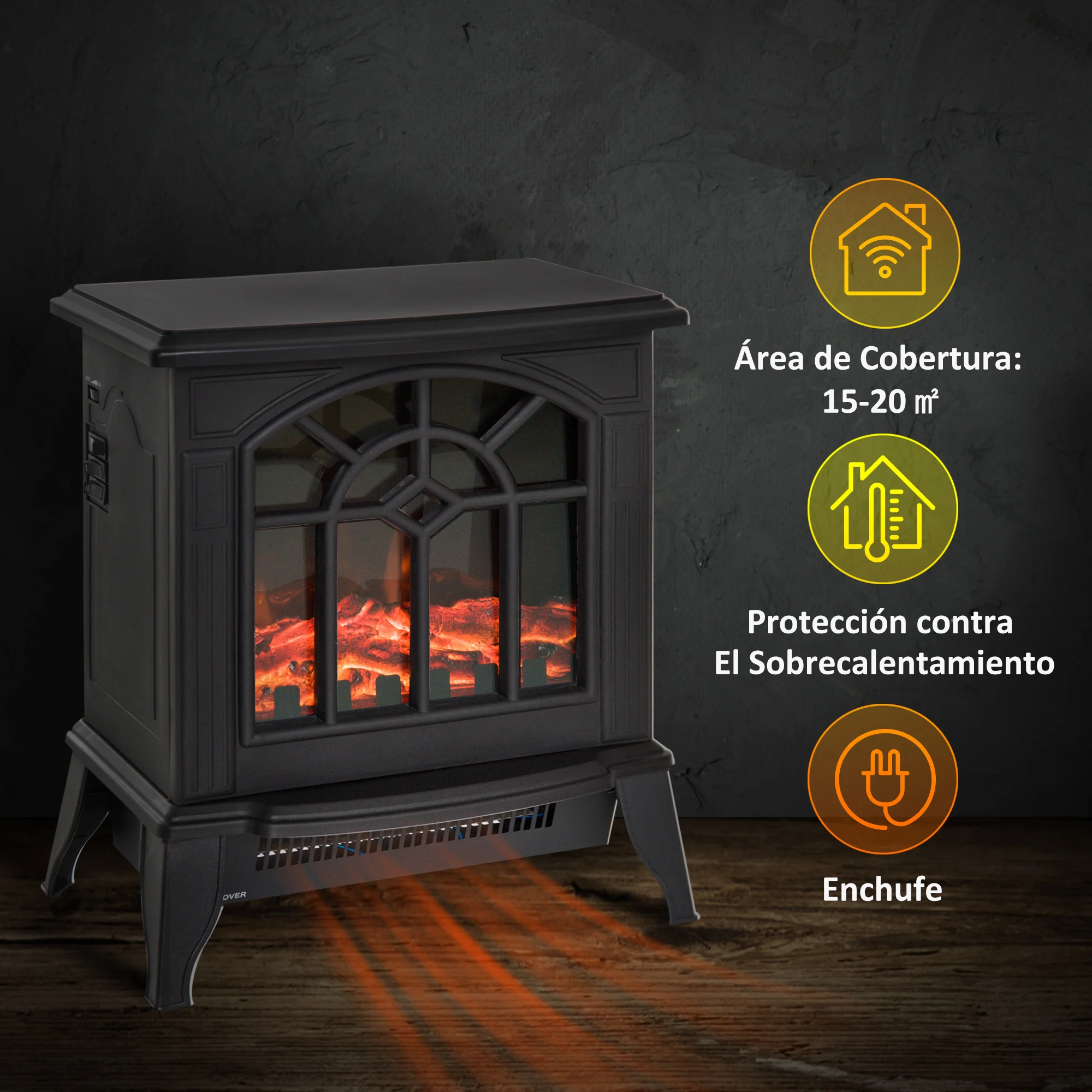 HOMCOM Chimenea Eléctrica de Pie Movible y Decorativo Calefactor Estufa 900/1800W Llama LED con Termostato 36.5x24x41.5cm Acero - imagen 4