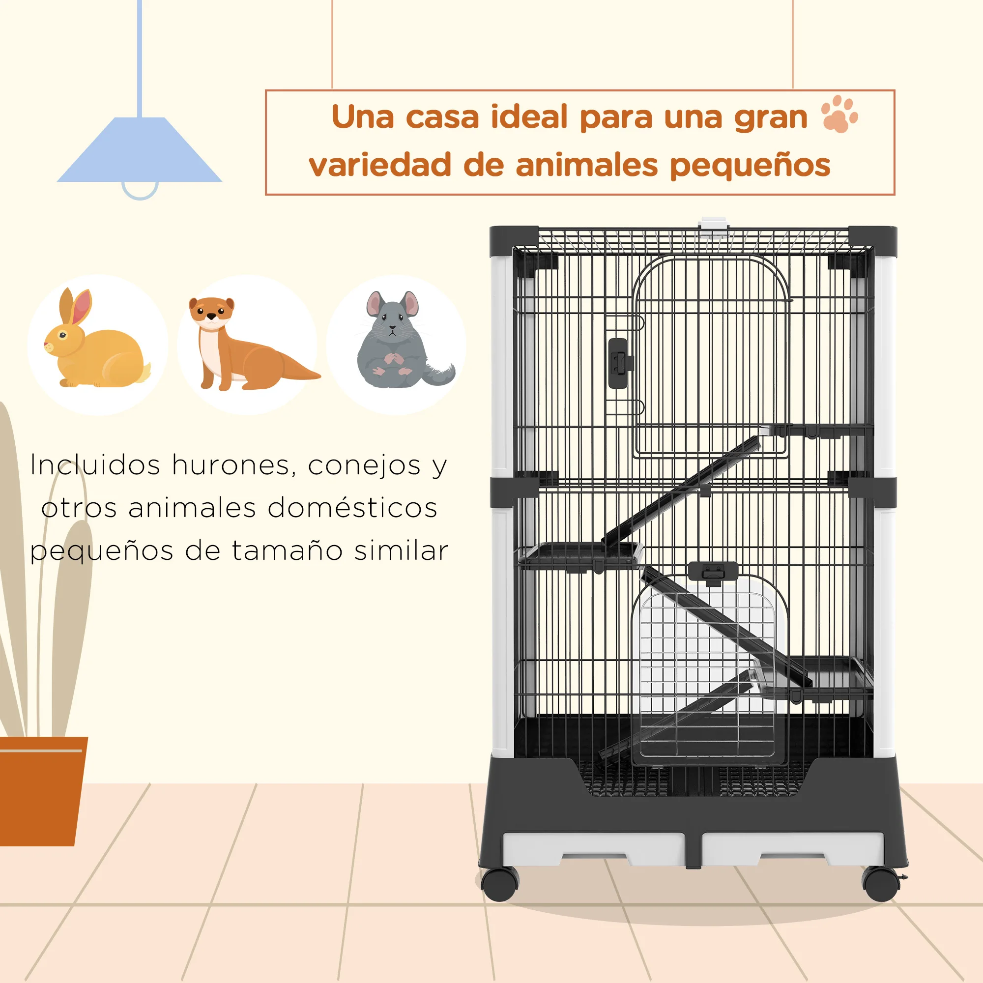PawHut Jaula para Animales Pequeños con Ruedas 114x75x50 cm Valla para Mascotas con 3 Plataformas 3 Rampas Bandejas Extraíbles para Hurones Conejos Negro - imagen 4