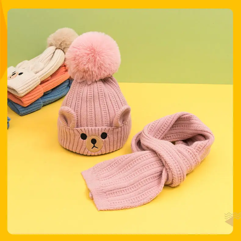 Conjunto de bufandas y gorros cálidos para niños pequeños, gorro de felpa de punto, gorro de ganchillo de animales de dibujos animados, lindo, Otoño e Invierno - imagen 3