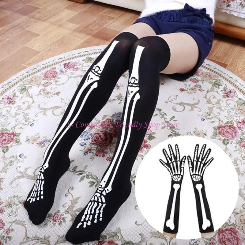 85AE Mujeres Halloween Cosplay Calavera Esqueleto Hueso Guantes Muslo Altas Calcetines