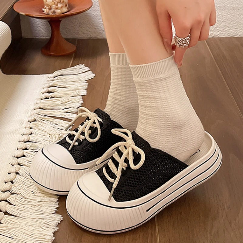 Zapatillas de plataforma de verano con cordones de malla transpirable para mujer, zapatos de calle para el hogar, sandalias sin cordones de estilo coreano con suela gruesa para niñas - imagen 4