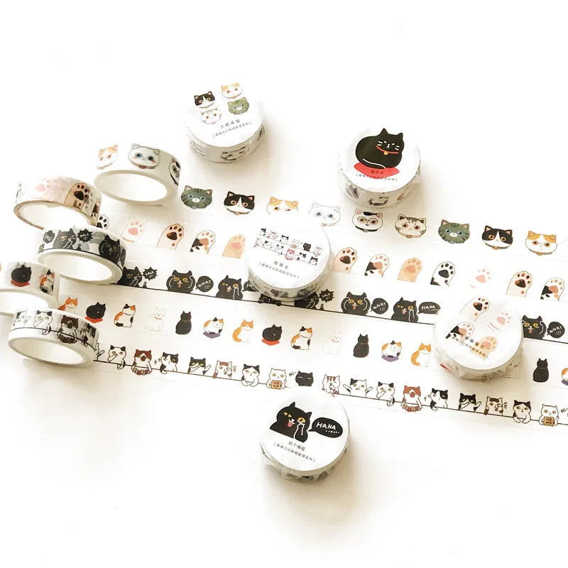Cinta adhesiva de papel Washi con forma de gato Adorable Kawaii, cinta adhesiva para álbum de recortes, etiqueta adhesiva, suministros escolares