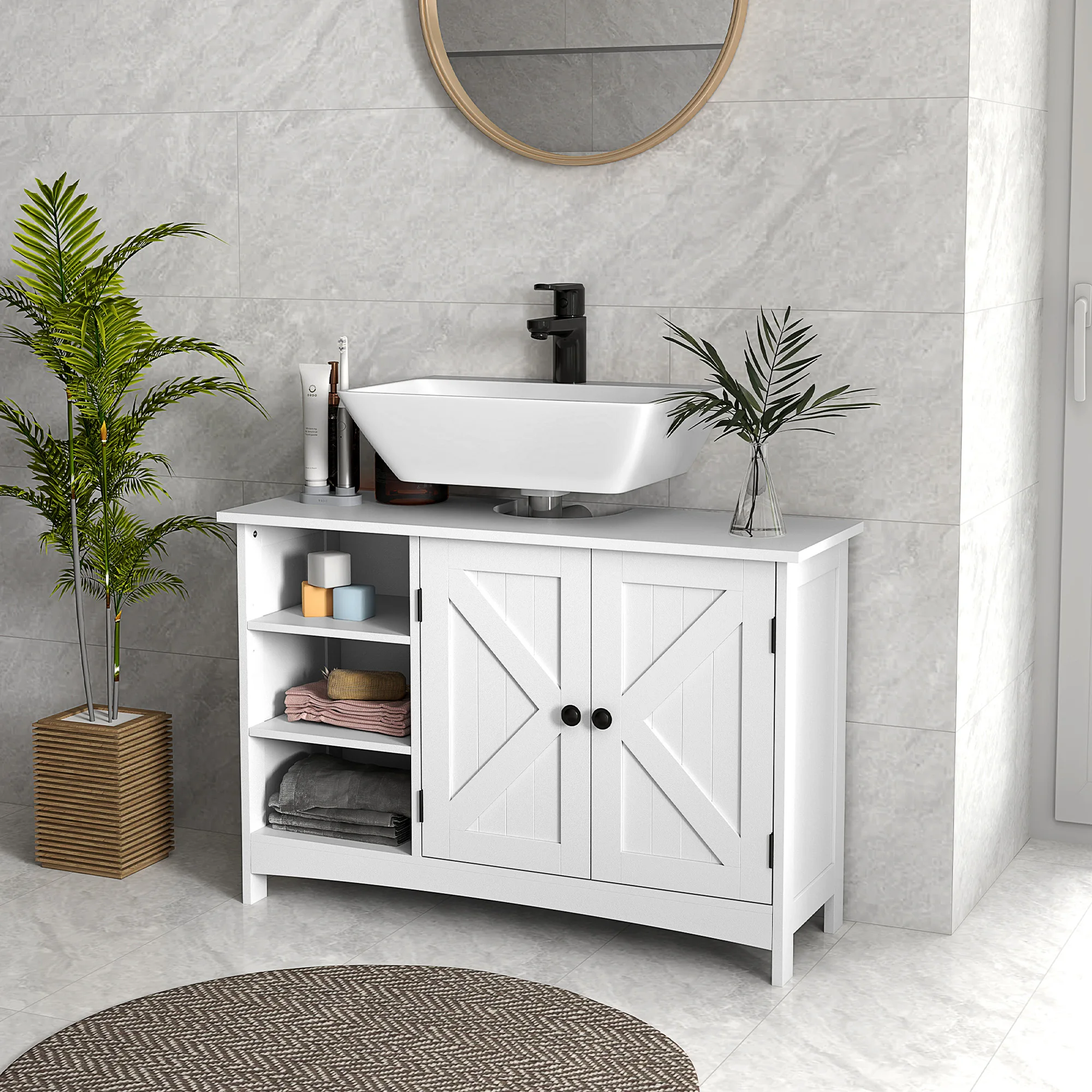 kleankin Mueble para Debajo del Lavabo de Madera Mueble Bajo Lavabo de Pie con 2 Puertas y Estantes Ajustables Antivuelco Estilo Moderno Carga 31 kg 90x30x60 cm Blanco - imagen 5