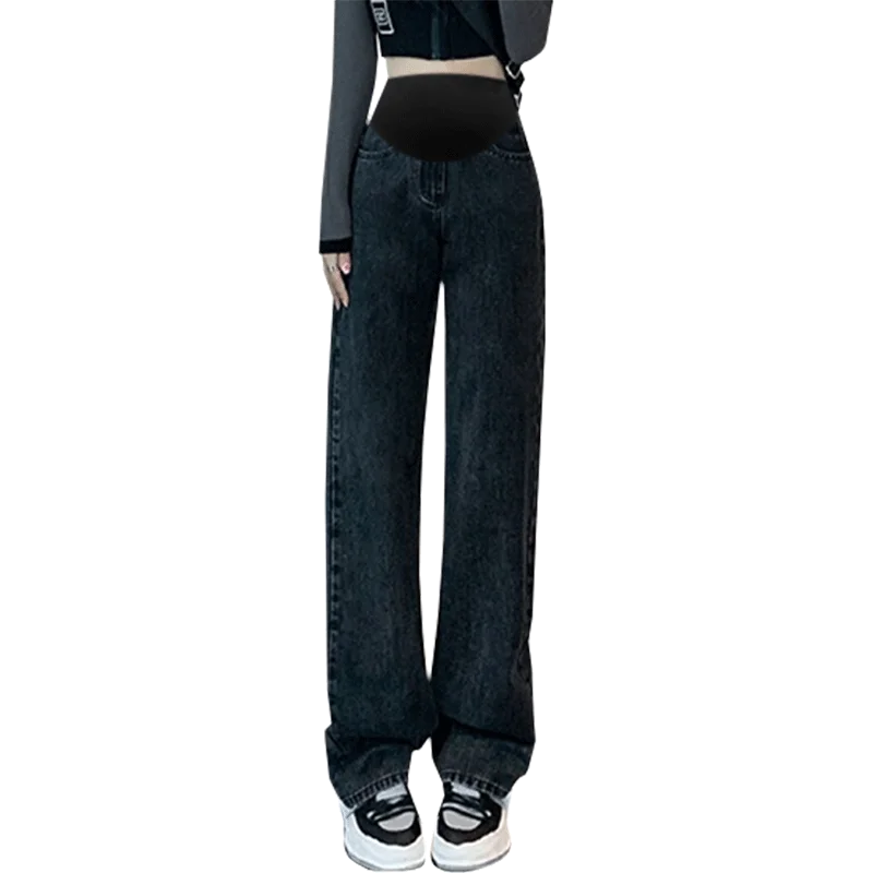 9513 #   Otoño Denim maternidad pantalones vaqueros largos rectos pierna ancha suelta cintura elástica pantalones del vientre ropa para mujeres embarazadas embarazo - imagen 5