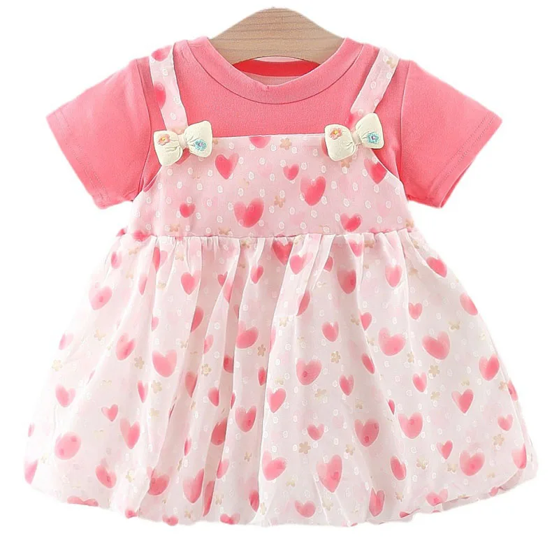 2025 vestidos infantiles para niñas, ropa de Boutique, moda coreana, bonito lazo de princesa, vestido de manga corta de malla de algodón para niños pequeños B120 - imagen 2
