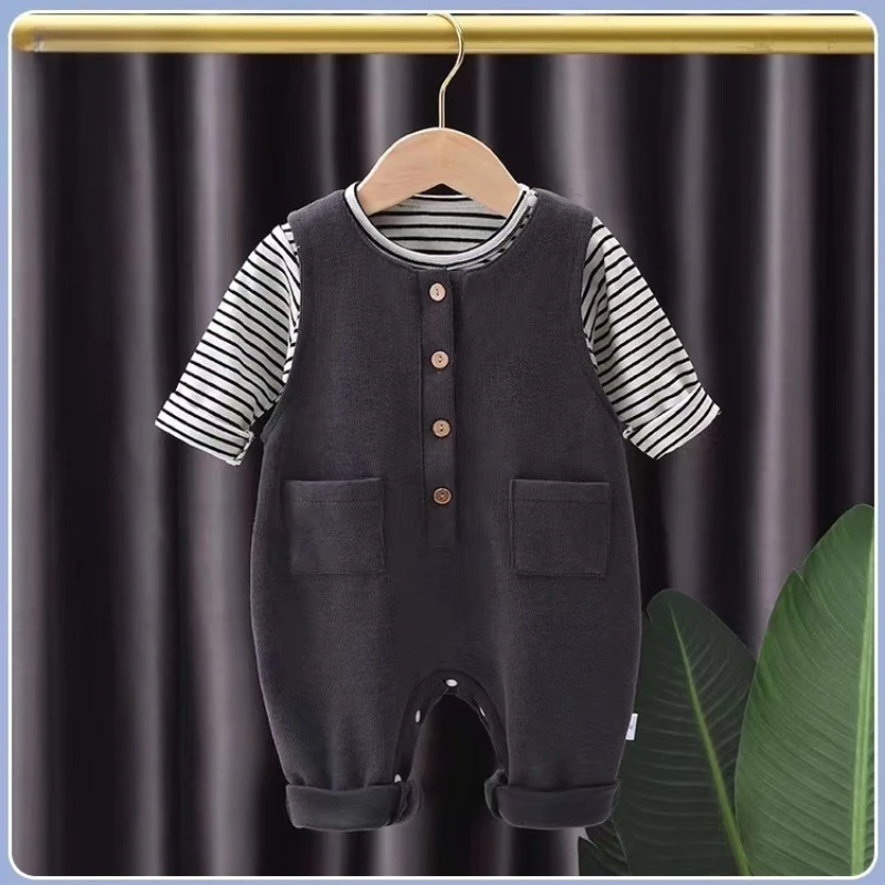 Conjunto unisex de primavera y otoño para recién nacido, sudadera con capucha de manga larga a rayas y pantalones con tirantes con bolsillos, traje informal para Halloween al aire libre - imagen 2