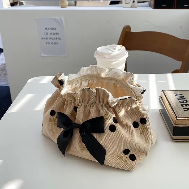 Bolsas de maquillaje de cereza de pana suave para mamá, bolsa de mamá, organizador de pañales para bebés, bolso de noche con lazo para mujer, bolso de maternidad - imagen 3