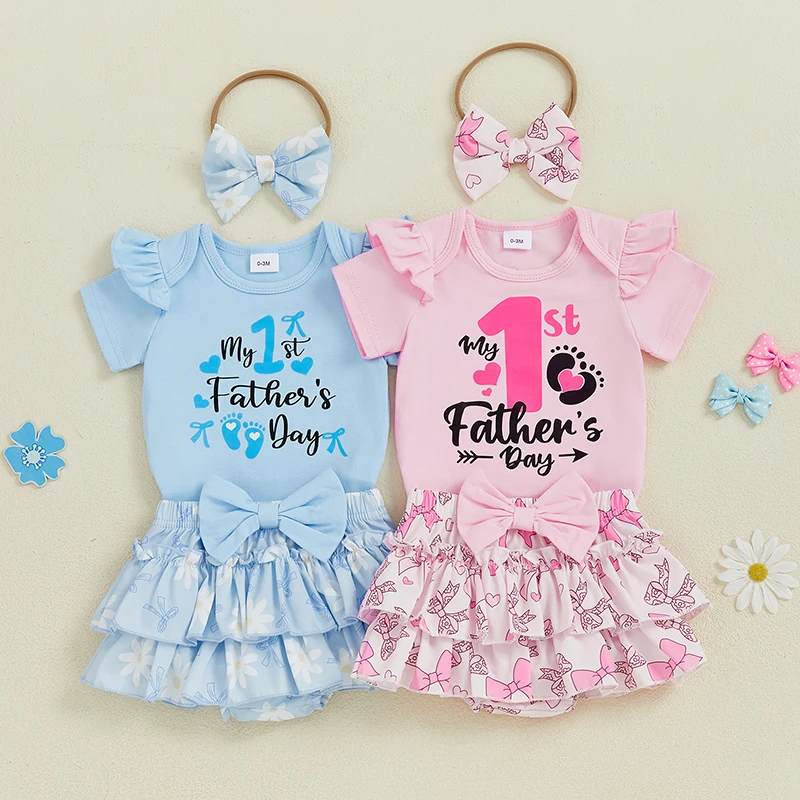 Conjuntos para el día del padre para niña, pelele de manga corta con cuello redondo y estampado de letras, pantalones cortos de cintura elástica, diadema, conjunto de ropa de 3 uds.