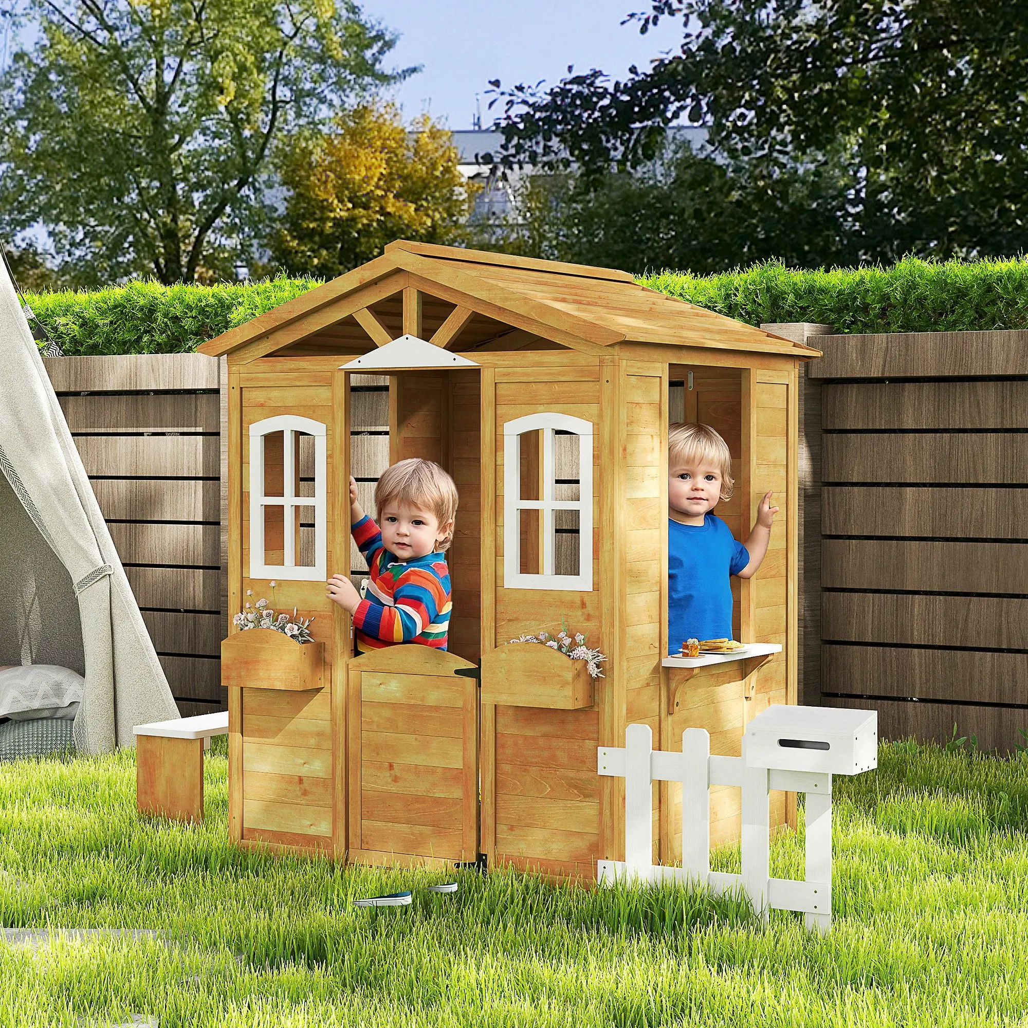 Outsunny Casita Infantil Exterior de Madera Casita Infantil de Jardín con Buzón Ventanas Jardinera Mostrador y Banco Casa de Juegos para Niños a Partir de 3 Años Natural - imagen 2
