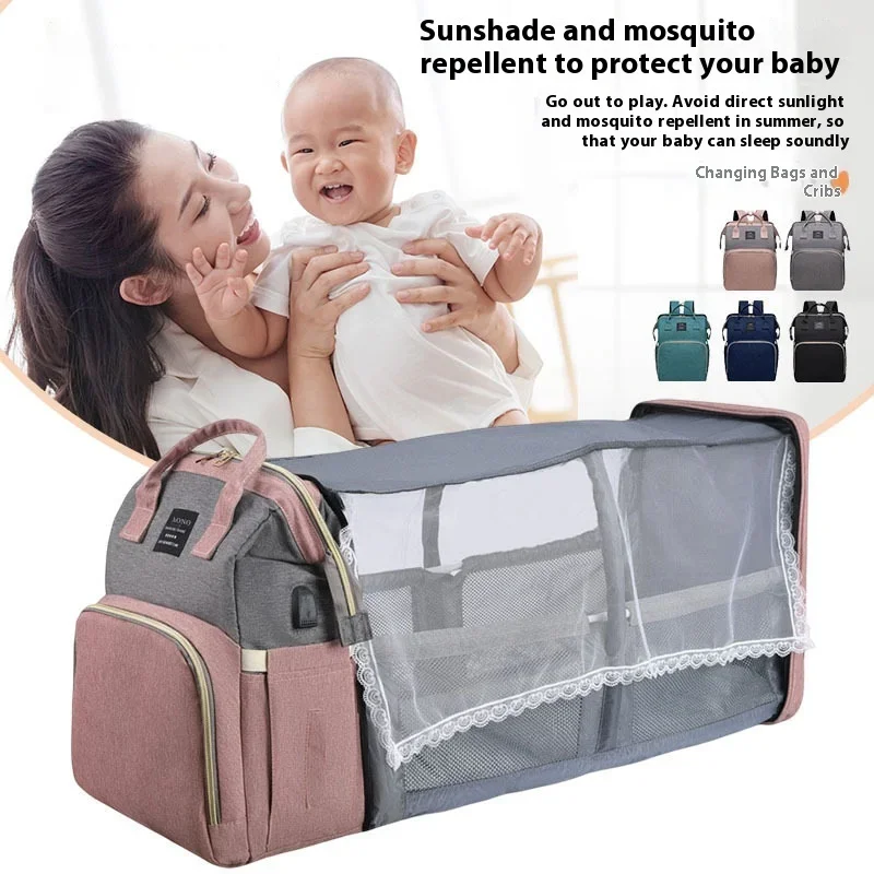 Bolsa de mamá de viaje, cama de cuna plegable portátil, bolsa de maternidad de gran capacidad, mochila saliente para bebé, bolsas de pañales impermeables para bebé - imagen 5