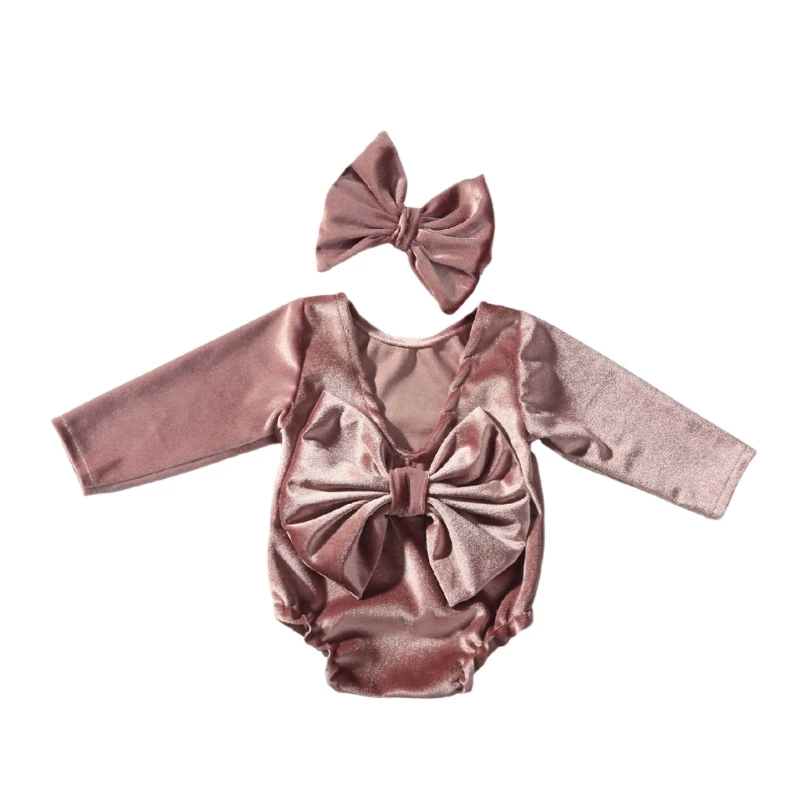 Pelele de terciopelo para recién nacido, accesorios para fotos de recién nacido, conjunto de diadema para niña, ropa para sesión de fotos infantil - imagen 3