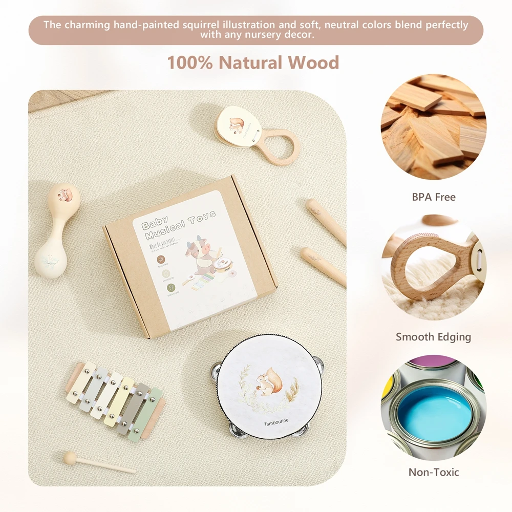 Instrumentos musicales Montessori para niños, juguetes de madera para bebés, instrumentos musicales para niños, juguetes para niños pequeños, juegos de instrumentos de ardilla, regalo - imagen 2