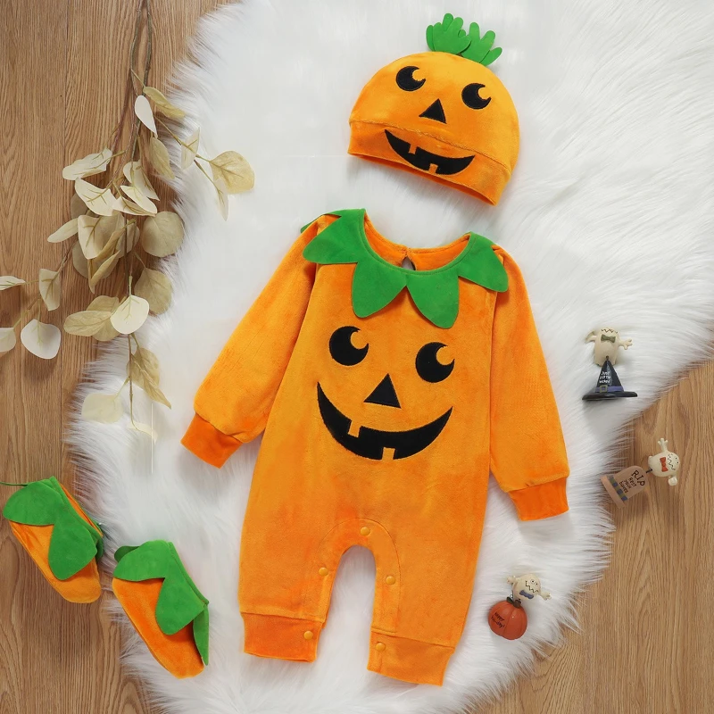 Mono unisex para bebé con sombrero y calcetines para niños y niñas, lindo mameluco de calabaza de Halloween, mono cómodo de manga larga para exteriores - imagen 2