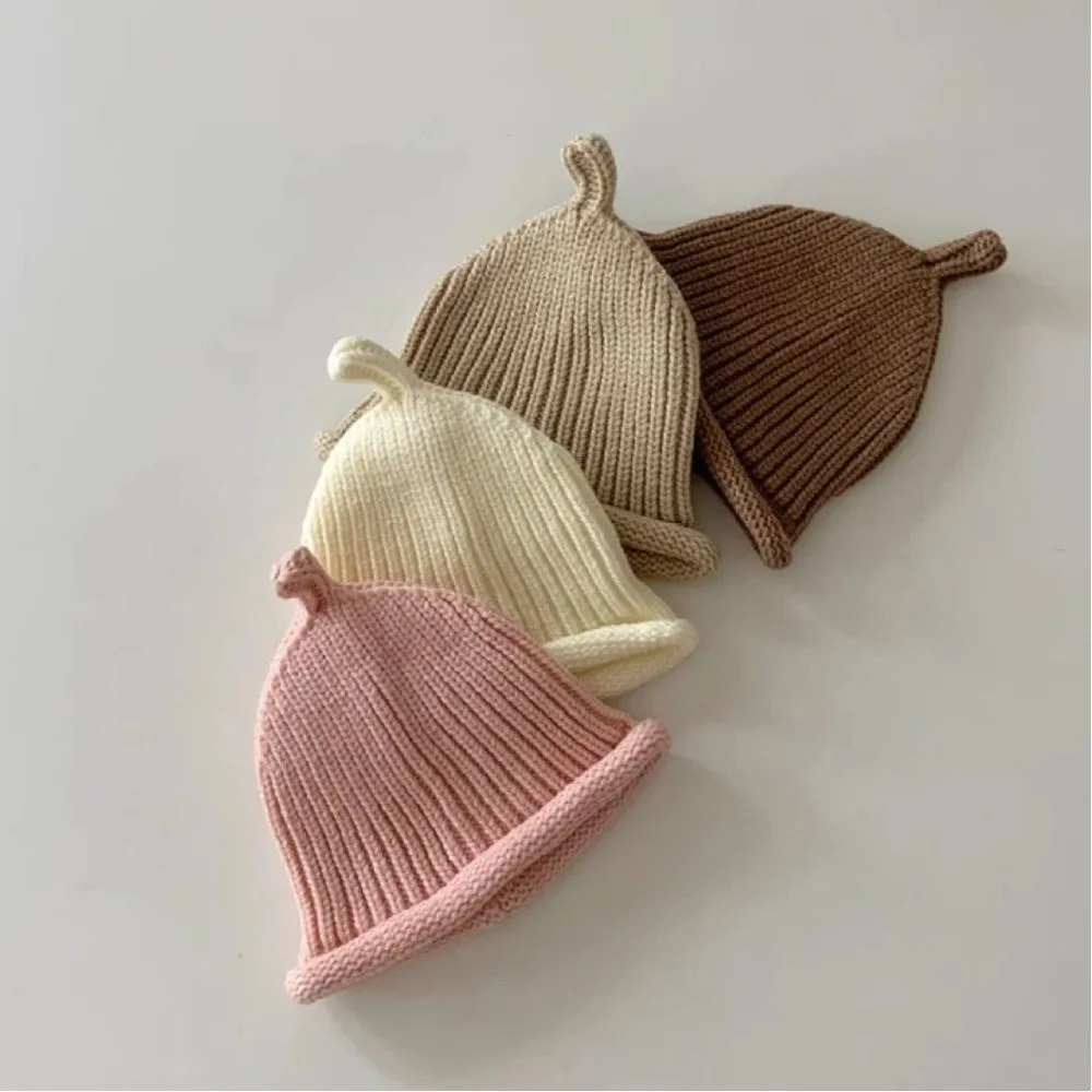 Gorro de punto para bebé de estilo coreano, gorro grueso de invierno para mantener el calor, gorro de bebé de Color sólido, invierno - imagen 2