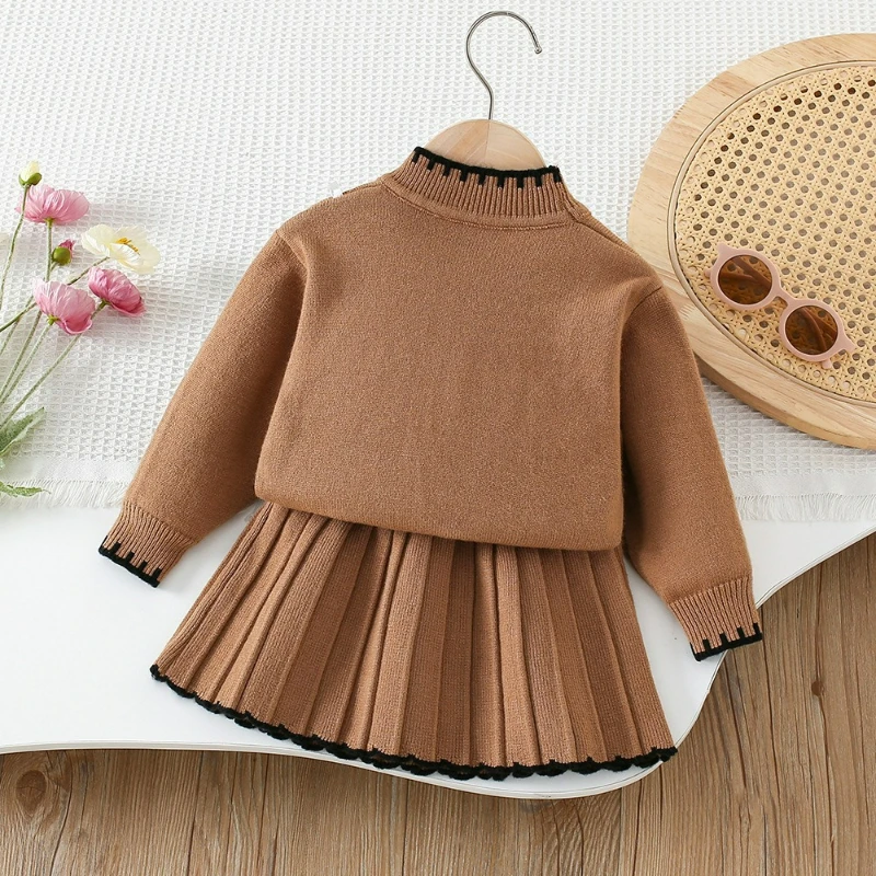 Conjunto de suéter para niños Otoño e Invierno moda Simple Color sólido tejido con cuentas elegante jersey y falda conjunto de dos piezas - imagen 5