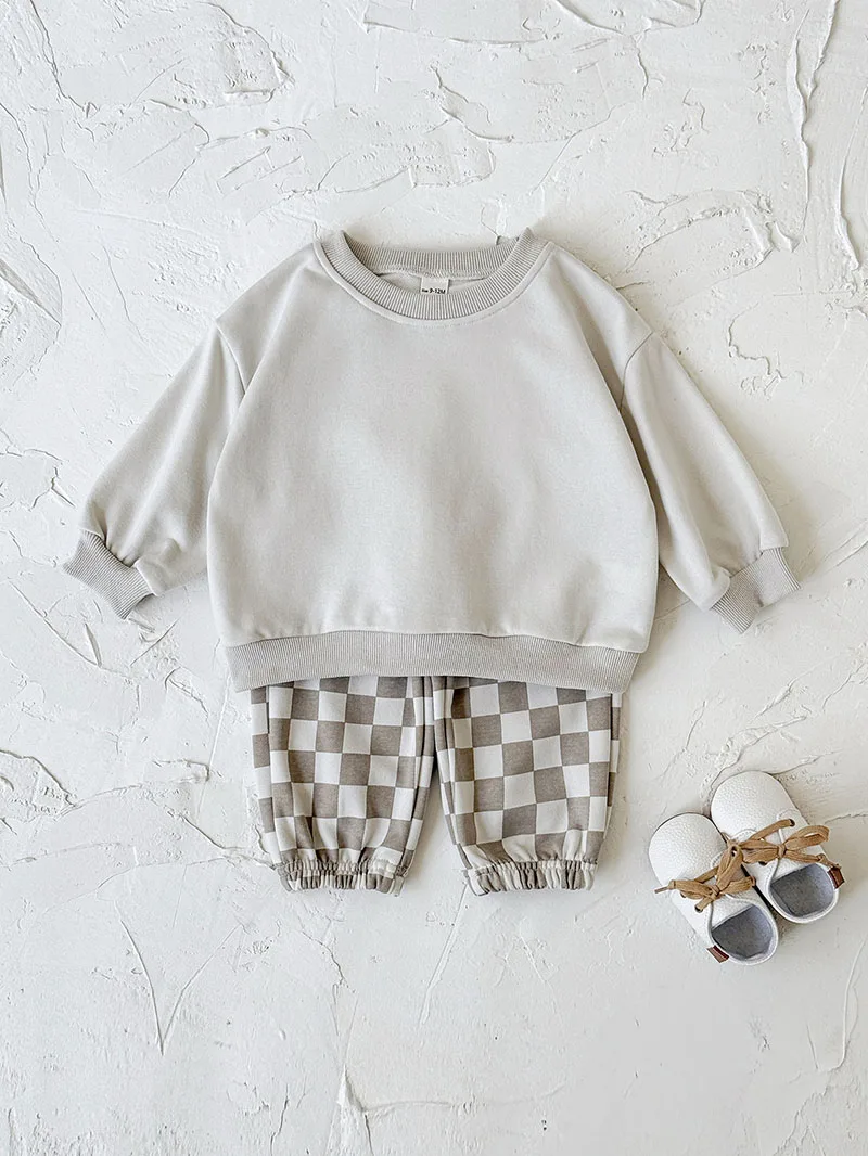 MILANCEL-traje informal para niños pequeños, 2 uds., sudadera con capucha de Color sólido + pantalones con patrón de tablero de ajedrez, conjunto de ropa holgada coreana para bebés de 6M-3Y