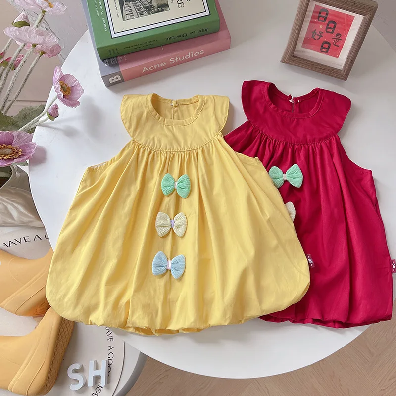 Ropa de verano para niñas, vestido acampanado con lazo para niñas, vestido de brotes con mangas, ropa dulce para niñas 2026