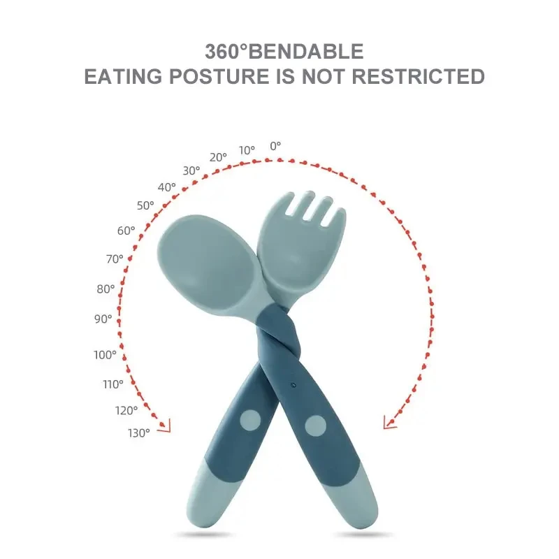 Juego de tenedor y cuchara flexibles para bebé, vajilla entrenamiento aprender a comer, suave silicona PP, flexible - imagen 4