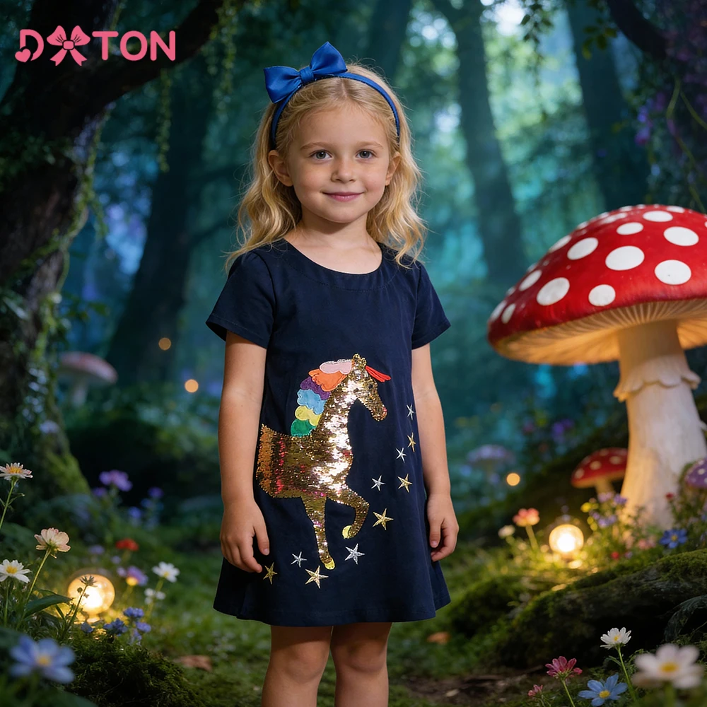 Dxton Vestido de unicornio niña – Algodón manga corta con lentejuelas - imagen 2