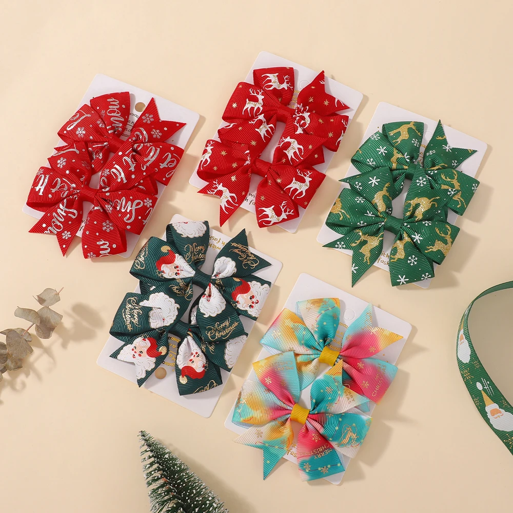 2 unids/set de lazos navideños para el cabello para niñas con Clips, horquillas festivas con cinta de Papá Noel de 3,22 pulgadas, molinete, accesorios para el cabello para vacaciones para niños - imagen 4