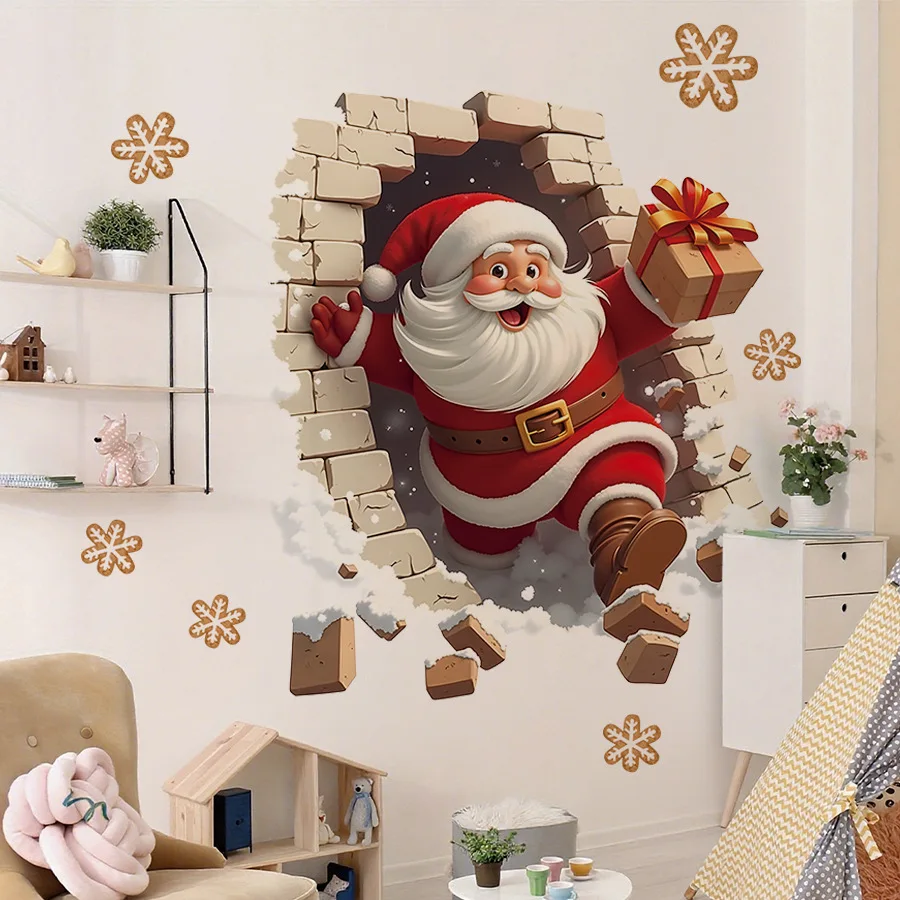 Pegatinas de pared autoadhesivas 3D para regalo de Papá Noel en la nieve, decoración navideña, pegatinas de pared para el hogar - imagen 4