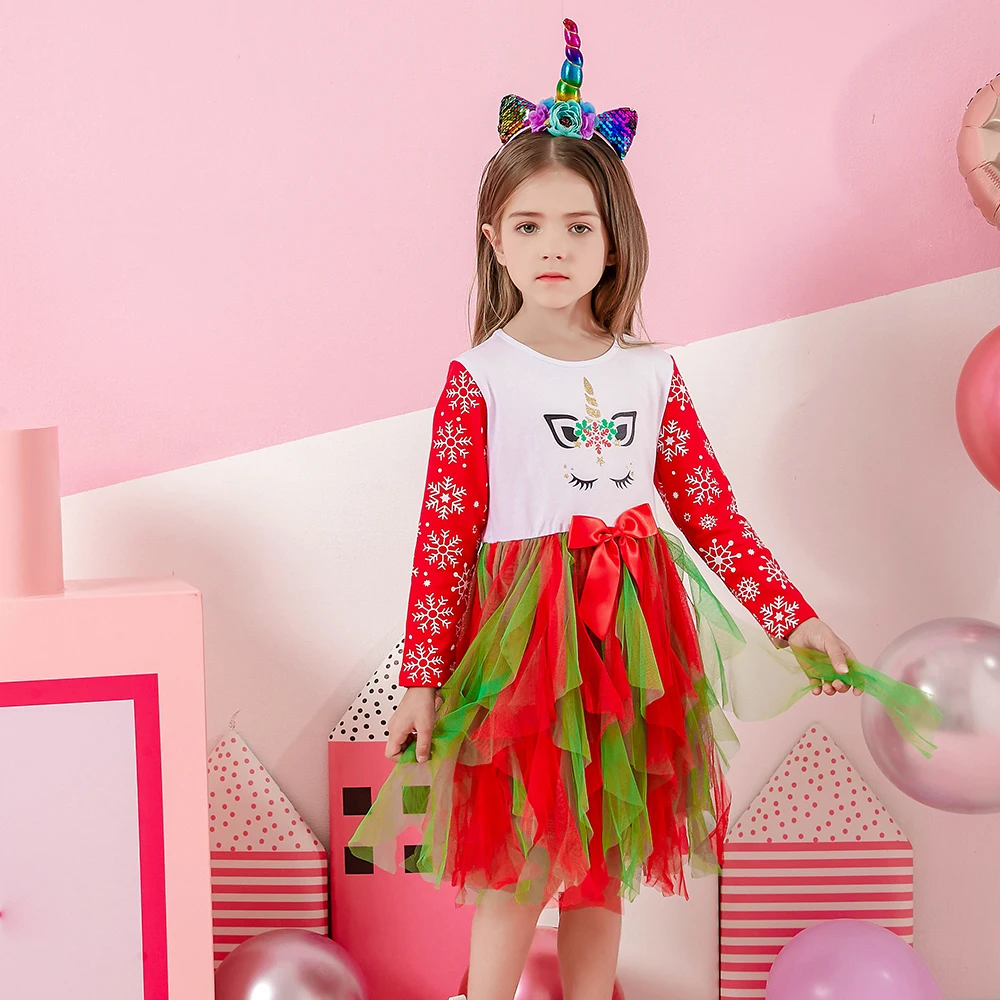 DXTON Vestido de niña con estampado de nieve y lazo de tul - imagen 2