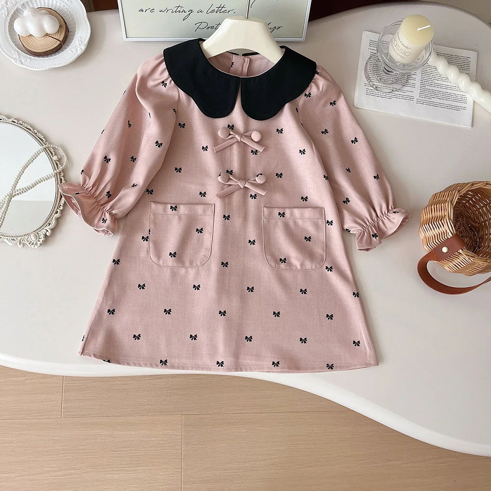 Milangel-vestidos de otoño para niños, ropa de princesa de retazos, dulce vestido de lazo con cuello Peter Pan para niñas de 2 a 7 años, novedad