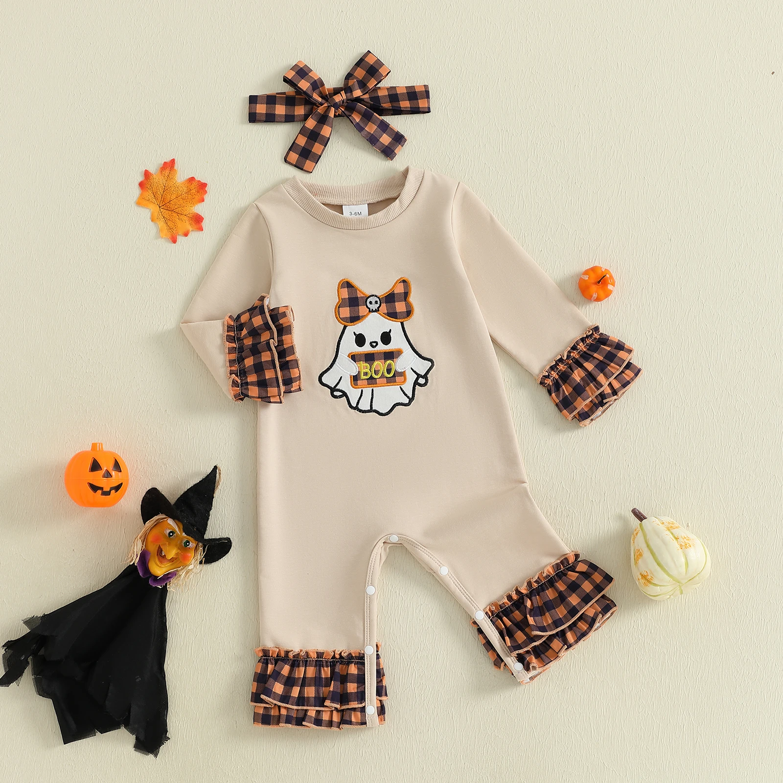 Traje de Halloween para niña de 0 a 18 meses, pelele con estampado de fantasma a cuadros, mono de manga larga con cuello redondo y diadema con lazo - imagen 3
