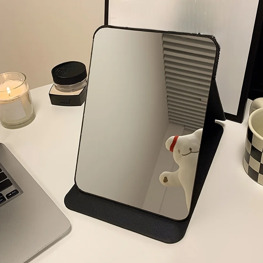 Espejos de belleza portátiles, espejo de maquillaje plegable con soporte de PU, adecuado para uso en dormitorio y escritorio, 1 ud. - imagen 2