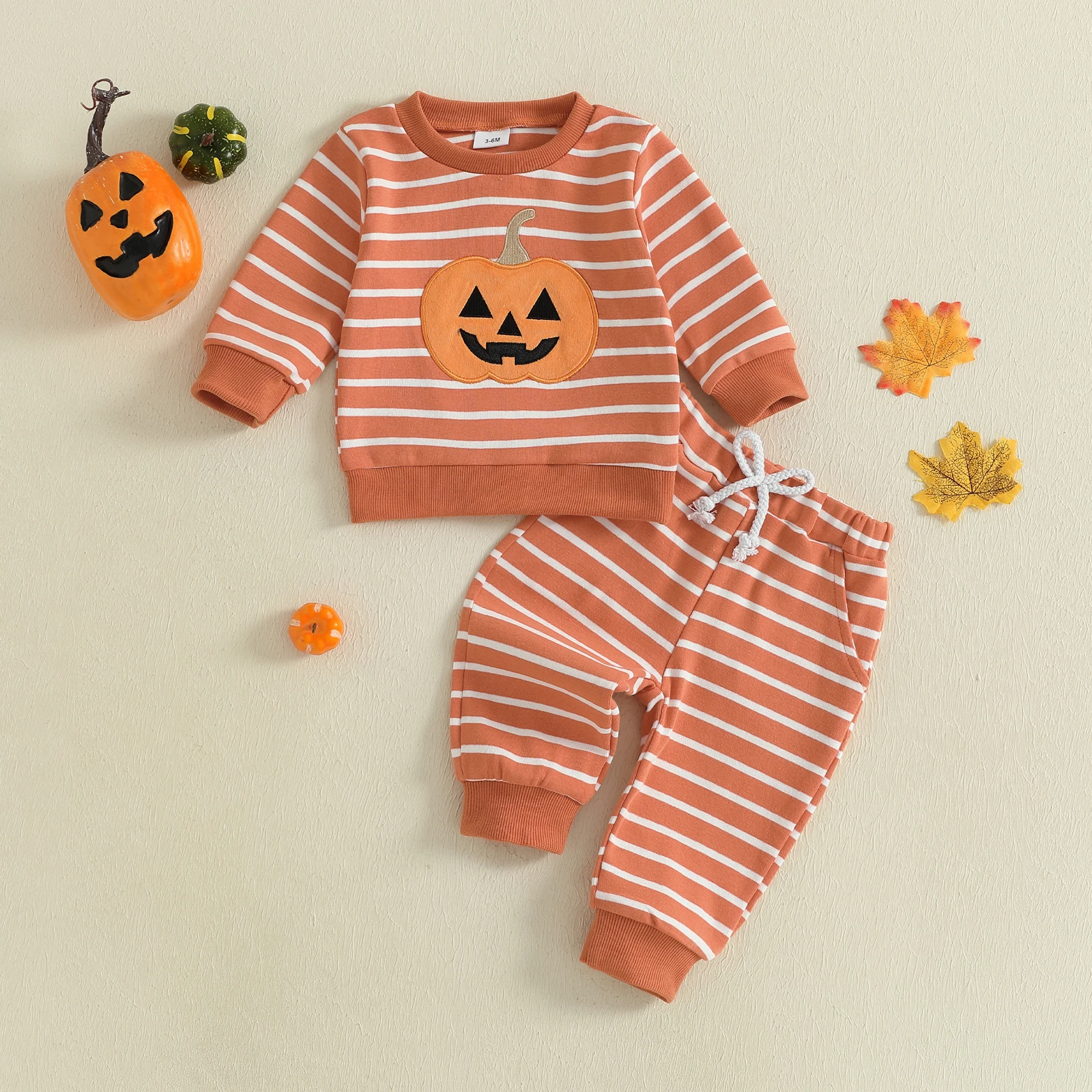 Conjuntos de Halloween para niños pequeños de 0 a 3 años, sudaderas con bordado de calabaza a rayas y pantalones largos, conjunto de ropa de otoño de 2 piezas