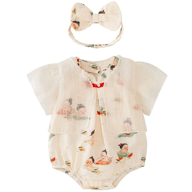 Conjunto de 3 piezas de ropa de verano para niñas recién nacidas, abrigo de algodón con estampado bonito de dibujos animados de estilo chino, mono sin mangas y banda para el pelo, cosas para bebés B029